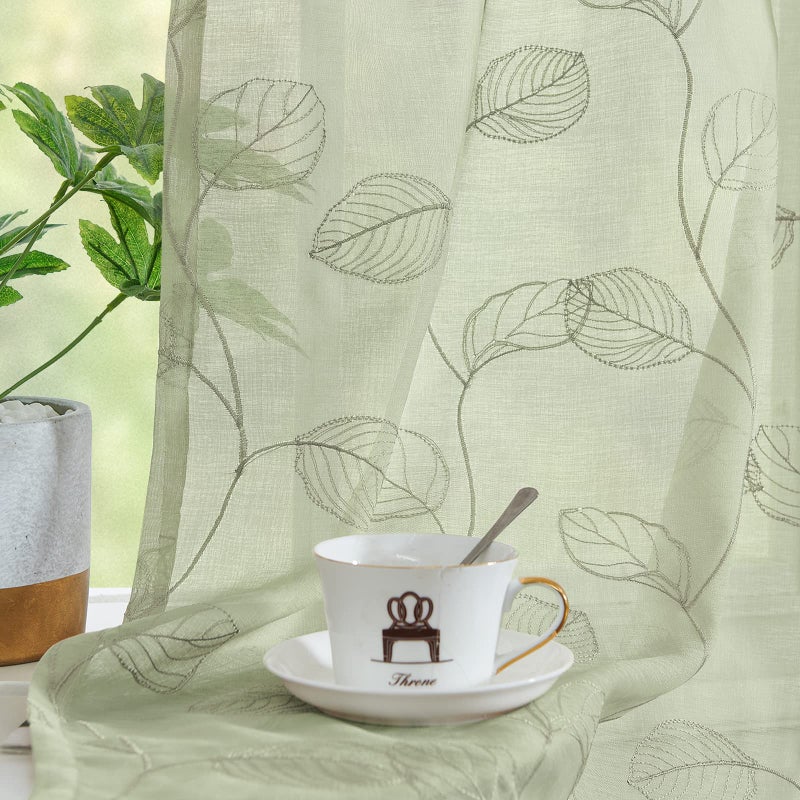 Topick Sage Green Sheer Kitchen Cafe Curtains Leaf Embroidered Voile Tiers Short Half Window Semi Sheer RV Camper Curtains Farmhouse Small Door Bathroom Basement Drapes 36 Inch Rod Pocket 2 Panels - Image 2